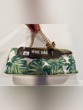 Tropical Leaf Insulated Wine Tote with Gold Chain Handle